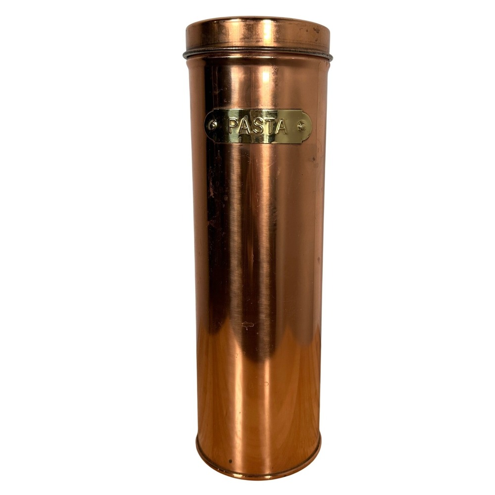 Vintage Copper Pasta Canister Made in Taiwan Brass Label 11" Tall Storage